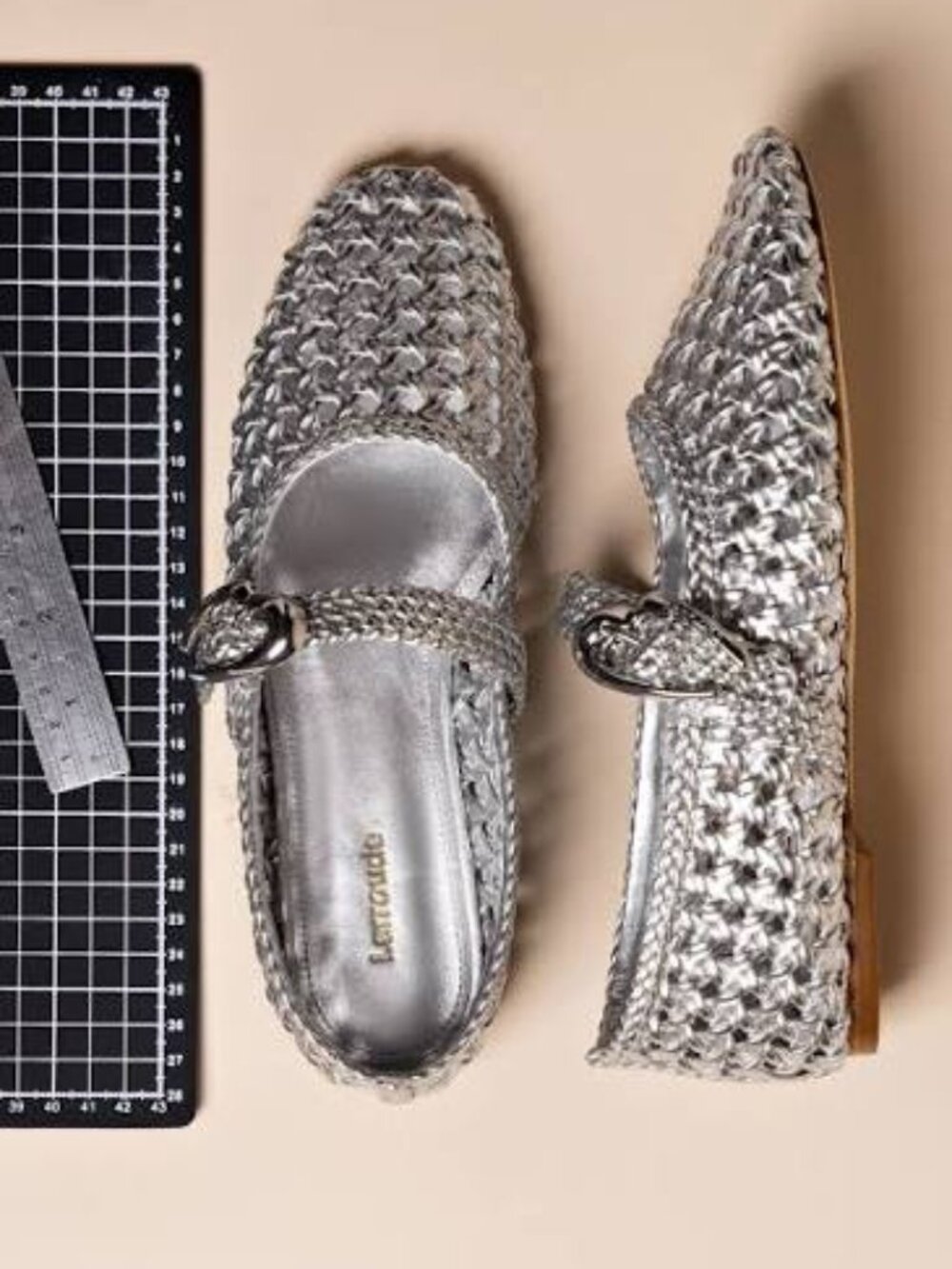 Larroude Verona Macrame Ballet Flat In Silver Metallic Leather